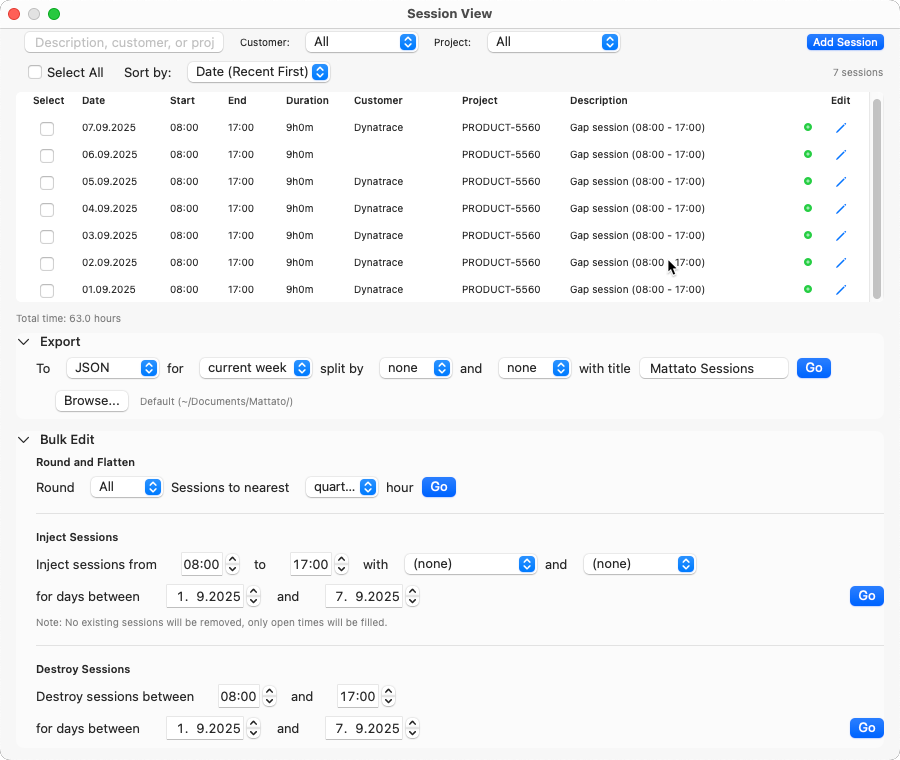 Session view with export and bulk edit options